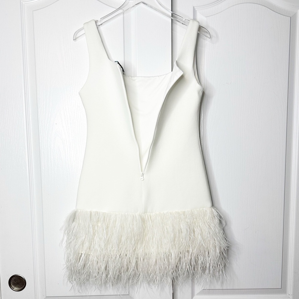 Cynthia Rowley Cream Square-Neck Mini Dress with Feather Hem - Picture 6 of 10